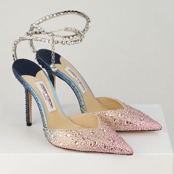 Jimmy Choo Saeda 100 Crystal-Embellished Satin Pumps, Sunrise Mix, EU 38.5/US8.5 - Picture 2 of 15